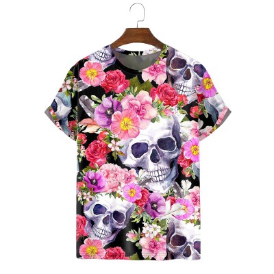 Men's Fashion Vintage Skull and Flower Print T-Shirt