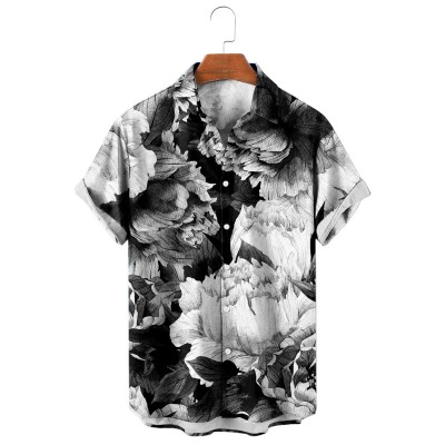 Men's Vintage Black and White Large Floral Mural Print Short Sleeve Shirt