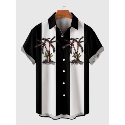 50s Black & White Stripe Palms Coconut Tree and Flamingo Printing Men's Short Sleeve Shirt