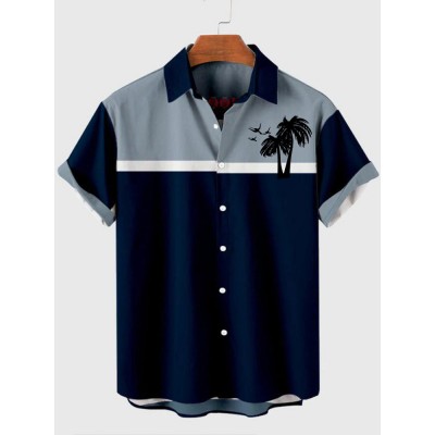 Grey And Blue Stitching Coconut Tree Printing Men's Short Sleeve Shirt