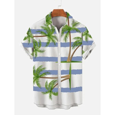 Strip and Coconut Tree Printing Men's Short Sleeve Shirt